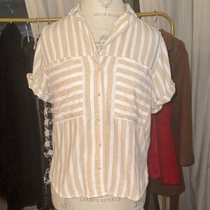 Universal Thread Striped Beige White Womens Top Button Up Collar Shortsleeve XS